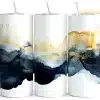Navy Gold Ink Tumbler Wrap Design Featuring Flowing Dark Blue And White Watercolor Swirls With Gold Glitter Accents On A Clean Minimal Background