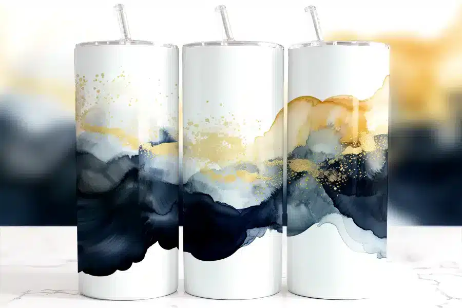 Navy Gold Ink Tumbler Wrap Design Featuring Flowing Dark Blue And White Watercolor Swirls With Gold Glitter Accents On A Clean Minimal Background