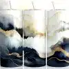 Navy Gold Watercolor Tumbler Wrap Design Featuring Flowing Alcohol Ink Layers In Deep Blue, Gray, And Ivory With Metallic Gold Veining Accents