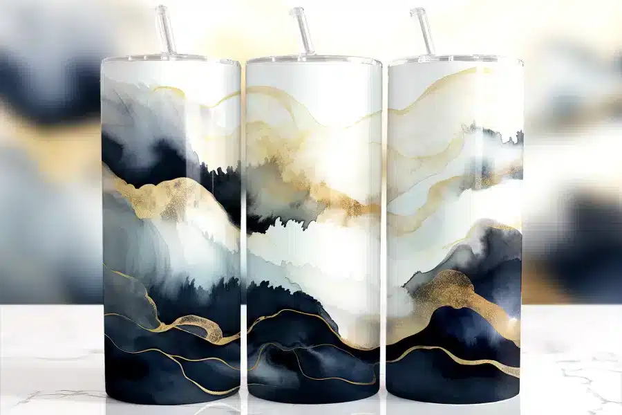 Navy Gold Watercolor Tumbler Wrap Design Featuring Flowing Alcohol Ink Layers In Deep Blue, Gray, And Ivory With Metallic Gold Veining Accents