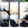 Three Tumblers With An Abstract Design Of Navy, Gray, And Gold Watercolor-Style Waves.