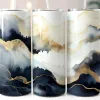 Three Tall Tumblers With An Abstract Design Featuring Navy Blue, Gray, And Gold Watercolor-Style Waves.