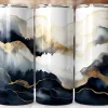 Three Tumblers With An Abstract Design Of Navy Blue, Gray, And Gold Watercolor-Style Waves.