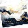 Abstract Art Print Featuring Flowing Navy, Grey, And Gold Paint In A Landscape Design.