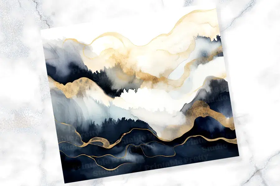 Abstract Art Print Featuring Flowing Navy, Grey, And Gold Paint In A Landscape Design.