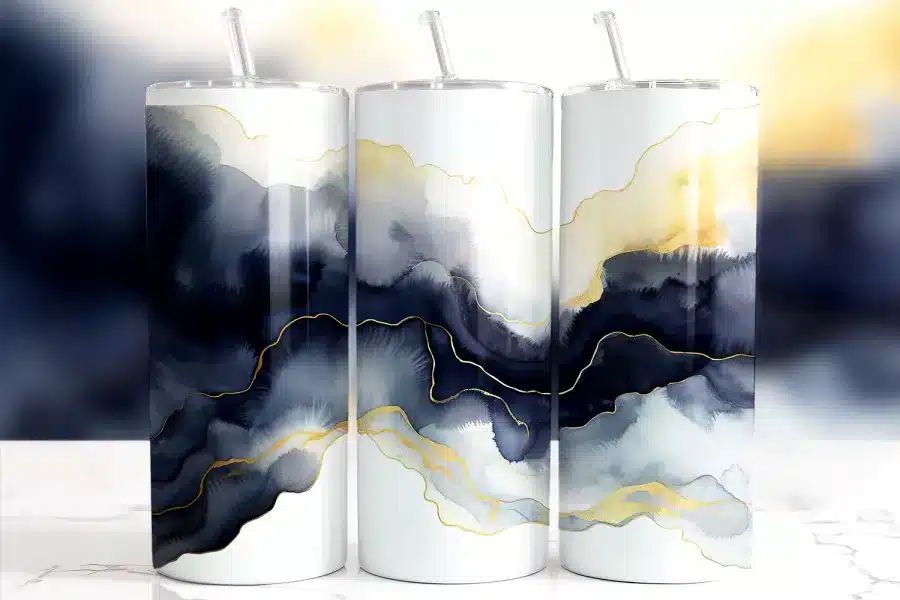 Navy Gold Ink Tumbler Wrap Design Featuring Deep Alcohol Ink And Watercolor Blends In Blue And Slate Tones With Metallic Gold Veins On A White Background