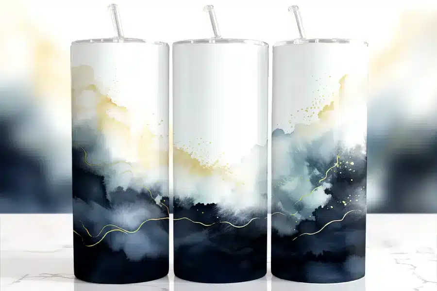 Navy Gold Watercolor Tumbler Wrap Design Featuring Deep Alcohol Ink Washes In Blue With Gold Splatter And Fine Metallic Linework On A White Background