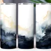 Three Tall Tumblers With An Abstract Design Of Blue, White, And Gold Watercolor Washes.