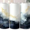 Three Tumblers With Abstract Watercolor Designs In Shades Of Blue And Gold.