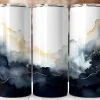 Three Tall Tumblers With An Abstract Design Featuring Shades Of Blue, White, And Gold.