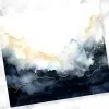Abstract Watercolor Painting In Shades Of Blue, Gray, And Gold With Gold Accents.