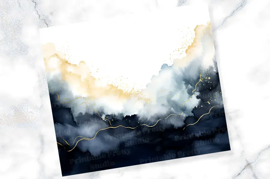 Abstract Watercolor Painting In Shades Of Blue, Gray, And Gold With Gold Accents.