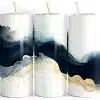Navy Gold Wave Tumbler Wrap Design Featuring Flowing Watercolor And Alcohol Ink In Blue And Ivory Tones With Gold Splatter Accents On A White Background