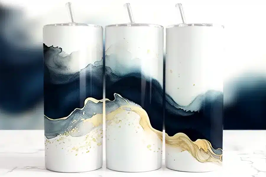 Navy Gold Wave Tumbler Wrap Design Featuring Flowing Watercolor And Alcohol Ink In Blue And Ivory Tones With Gold Splatter Accents On A White Background