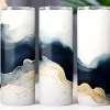 Three Tumblers With An Abstract Design Of Navy Blue And Gold Watercolor Waves On A White Background.