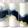 Three Tumblers With Navy Blue And Gold Abstract Designs.