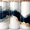 Three White Tumblers With An Abstract Design Featuring Navy Blue And Gold Watercolor Waves.