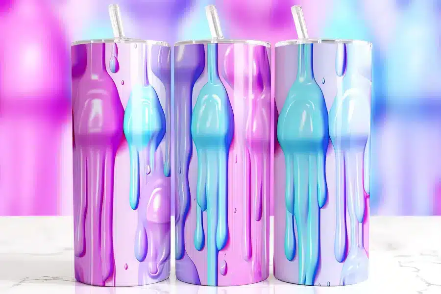 3D Pastel Drip Tumbler Wrap Design Featuring 3D Glossy Slime Melting In Pink, Blue, And Purple On A Soft Gradient Background