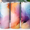 Three Pastel-Colored Tumblers With An Abstract Feather Design.