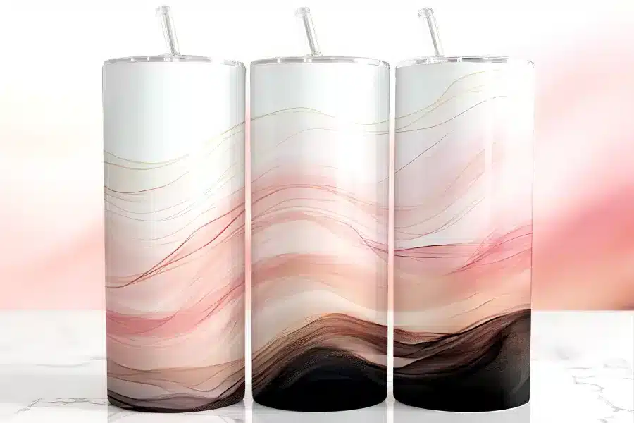 Pink Black Swirl Tumbler Wrap Design Featuring Flowing Transparent Ribbons Of Blush, Nude, And Charcoal With Light Gold Line Accents On A Clean White Background