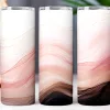Three Tall Tumblers With An Abstract Design Of Pink, Brown, And Gold Wavy Lines.