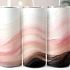 Three Tall Tumblers With Pink And Brown Abstract Wavy Designs And Gold Lines.