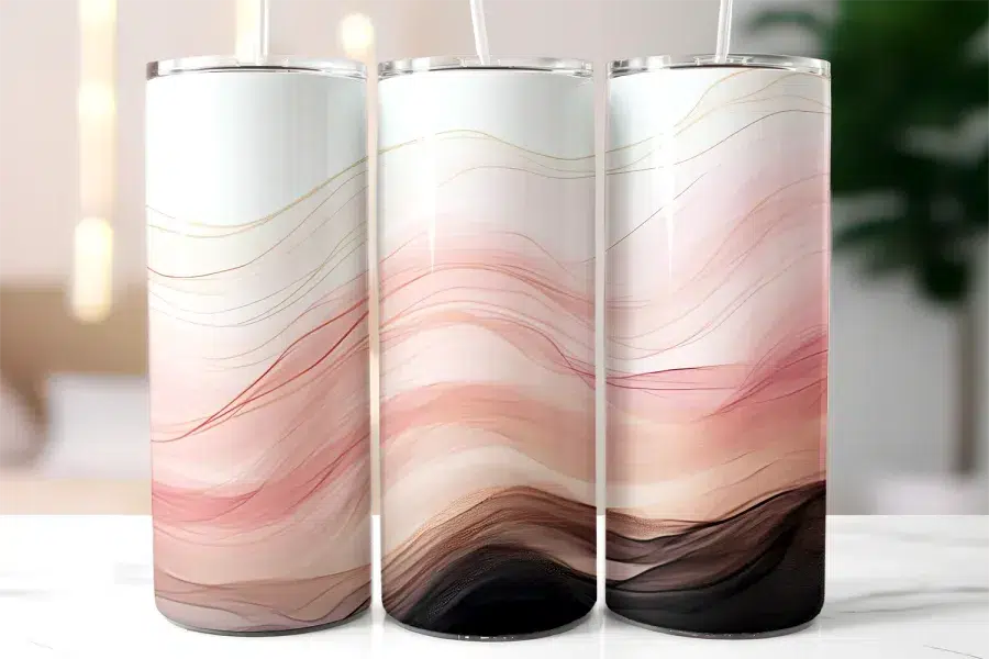 Three Tall Tumblers With Pink And Brown Abstract Wavy Designs And Gold Lines.