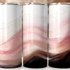 Three Tall Tumblers With An Abstract Design Featuring Pink, Brown, And Gold Wavy Lines.