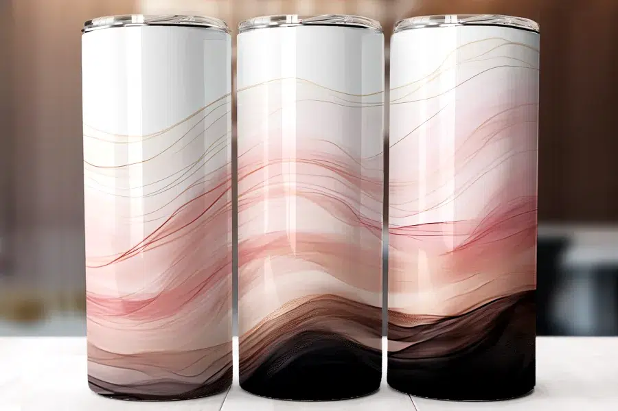 Three Tall Tumblers With An Abstract Design Featuring Pink, Brown, And Gold Wavy Lines.
