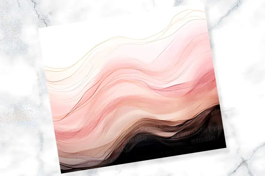 Abstract Painting Of Pink And Black Waves With Gold Lines.