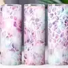 Three Tall Tumblers With A Pastel Purple And Blue Abstract Pattern.