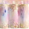 Pink Gold Confetti Tumbler Wrap Design Featuring Abstract Brush Strokes In Pink, Lavender, Peach, And Blue With Gold Foil Drips And Iridescent Glitter Accents