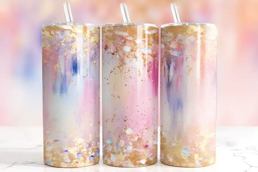 Pink Gold Confetti Tumbler Wrap Design Featuring Abstract Brush Strokes In Pink, Lavender, Peach, And Blue With Gold Foil Drips And Iridescent Glitter Accents