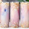Three Tall Tumblers With An Abstract Pink, White, And Gold Design.