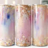 Three Pastel Pink And Gold Tumblers With Straws.