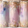 Three Tall Tumblers With An Abstract Design Of Pink, Purple, And Gold Paint Splatters.