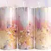 Pink Gold Drip Tumbler Wrap Design Featuring Abstract Pastel Brush Strokes With Gold Foil Drips And Confetti Accents In Pink, Peach, Lilac, And Blue