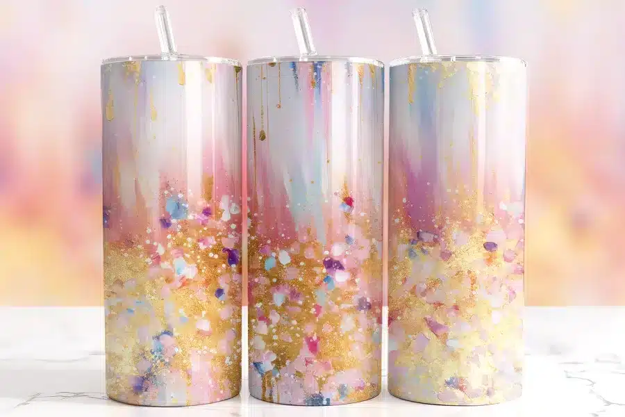 Pink Gold Drip Tumbler Wrap Design Featuring Abstract Pastel Brush Strokes With Gold Foil Drips And Confetti Accents In Pink, Peach, Lilac, And Blue