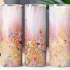 Three Tall Tumblers With An Abstract Pink, Gold, And White Design.