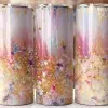Three Tall Tumblers With An Abstract Design Featuring Pink, Gold, And White Paint Splatter.