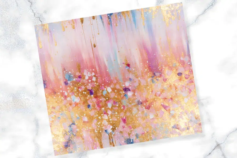 Abstract Painting In Pink, Gold, And Light Blue With A Textured Effect.