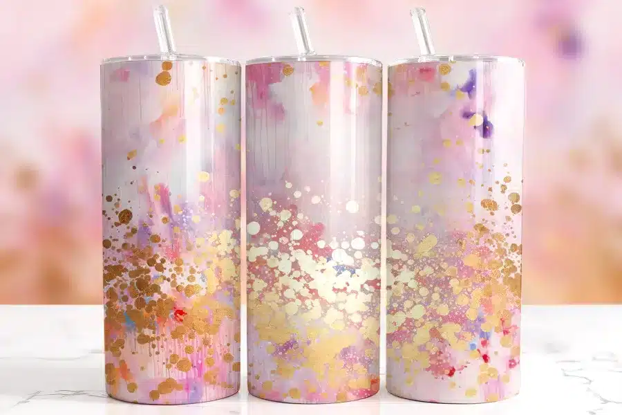 Pink Gold Glitter Tumbler Wrap Design Featuring Abstract Pastel Watercolor Background With Metallic Gold Foil Splatter And Drips In Blush And Coral Tones