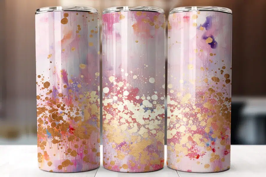 Three Pink And Gold Abstract Design Tumblers.