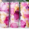 Three Tall Tumblers With Pink And Gold Abstract Designs.