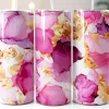 Three Stainless Steel Tumblers With Pink And Gold Abstract Designs.