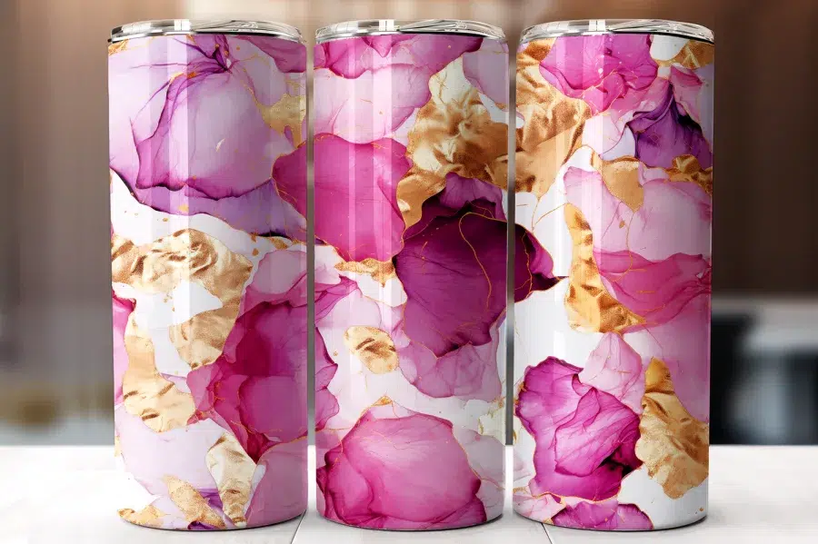 Three Pink And Gold Abstract Design Tumblers.