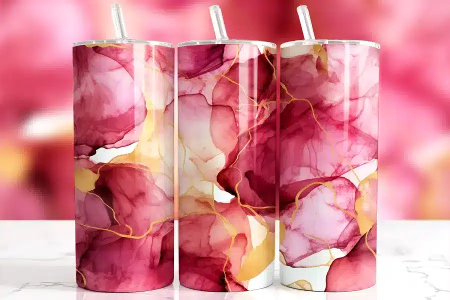 Pink Gold Ink Tumbler Wrap Design Featuring Flowing Alcohol Ink And Watercolor Blends In Rose, Blush, And Berry With Metallic Gold Veins