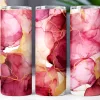 Three Tumblers With An Abstract Design Featuring Pink And Gold Marble-Like Swirls.