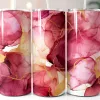 Three Tumblers With A Pink And Gold Abstract Design.