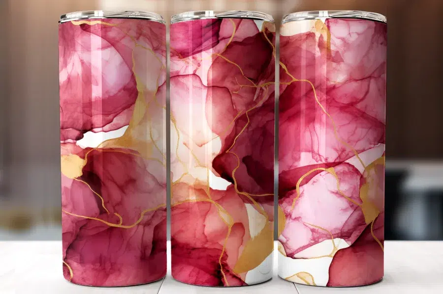 Three Red And Gold Alcohol Ink Tumblers.